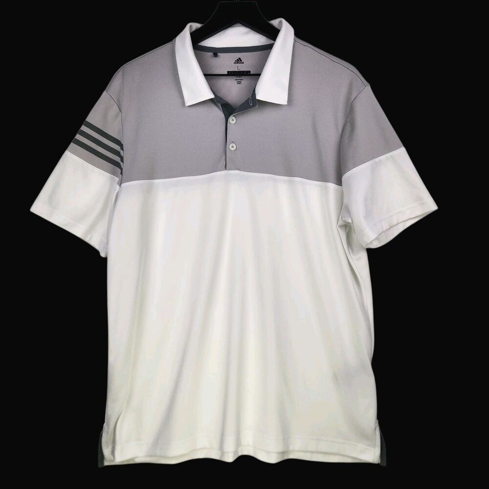 Adidas Men's Golf Polo Shirt Size Large White Gray Colorblock 3 Stripes Athletic